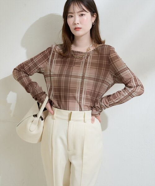 natural couture（ナチュラルクチュール）の「チュールチェックトップス（Tシャツ/カットソー・レディース・ブラウン/グレー/ベージュ・FREE）」の17枚目の写真