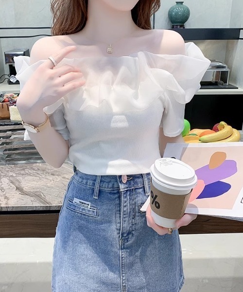 SHEPP(シープ)の「オーガンジーラッフルフリル オフショルリブニット半袖プルオーバー(Tシャツ/カットソー・レディース・ホワイト・F)」の18枚目の写真