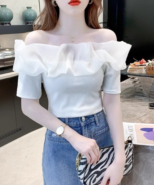 SHEPP(シープ)の「オーガンジーラッフルフリル オフショルリブニット半袖プルオーバー(Tシャツ/カットソー・レディース・ホワイト・F)」の19枚目の写真