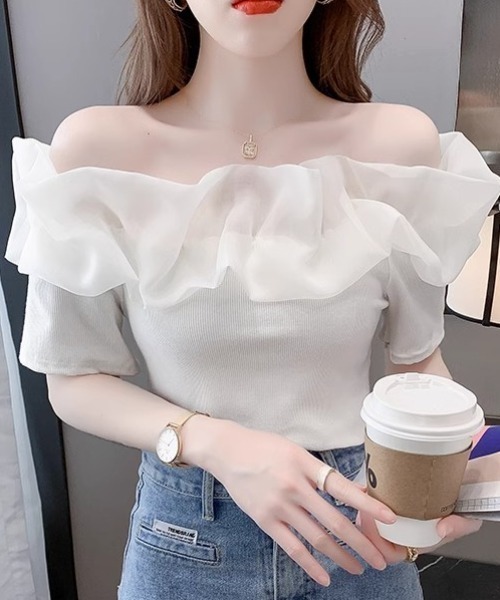 SHEPP(シープ)の「オーガンジーラッフルフリル オフショルリブニット半袖プルオーバー(Tシャツ/カットソー・レディース・ホワイト・F)」の6枚目の写真