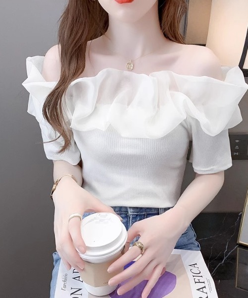 SHEPP(シープ)の「オーガンジーラッフルフリル オフショルリブニット半袖プルオーバー(Tシャツ/カットソー・レディース・ホワイト・F)」の7枚目の写真
