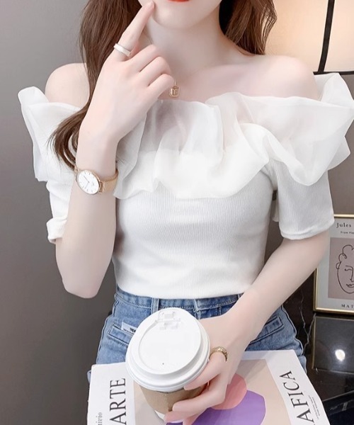 SHEPP(シープ)の「オーガンジーラッフルフリル オフショルリブニット半袖プルオーバー(Tシャツ/カットソー・レディース・ホワイト・F)」の8枚目の写真