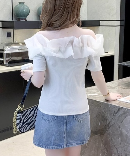 SHEPP(シープ)の「オーガンジーラッフルフリル オフショルリブニット半袖プルオーバー(Tシャツ/カットソー・レディース・ホワイト・F)」の9枚目の写真