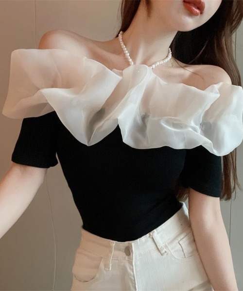 SHEPP(シープ)の「オーガンジーラッフルフリル オフショルリブニット半袖プルオーバー(Tシャツ/カットソー・レディース・ホワイト・F)」の14枚目の写真