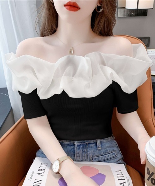 SHEPP(シープ)の「オーガンジーラッフルフリル オフショルリブニット半袖プルオーバー(Tシャツ/カットソー・レディース・ホワイト・F)」の10枚目の写真
