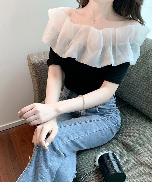 SHEPP(シープ)の「オーガンジーラッフルフリル オフショルリブニット半袖プルオーバー(Tシャツ/カットソー・レディース・ホワイト・F)」の12枚目の写真