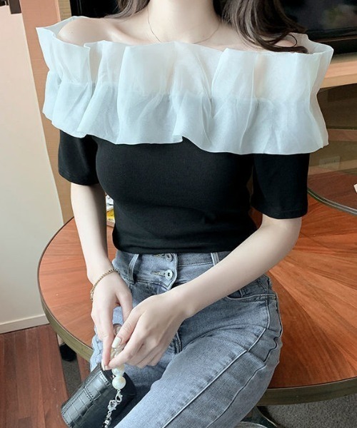 SHEPP(シープ)の「オーガンジーラッフルフリル オフショルリブニット半袖プルオーバー(Tシャツ/カットソー・レディース・ホワイト・F)」の13枚目の写真