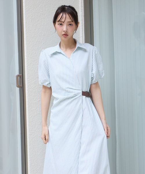 krahe(クレーエ)の「ストライプ柄カシュクールシャツワンピース(ワンピース・レディース・ブルー/ブラウン/ブラック・FREE)」の18枚目の写真