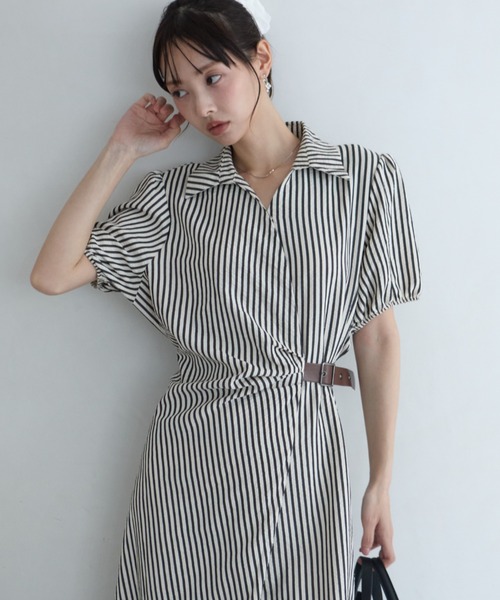 krahe(クレーエ)の「ストライプ柄カシュクールシャツワンピース(ワンピース・レディース・ブルー/ブラウン/ブラック・FREE)」の17枚目の写真