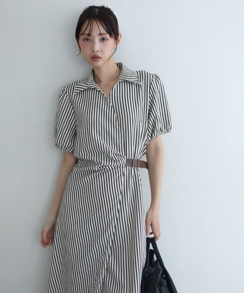 krahe(クレーエ)の「ストライプ柄カシュクールシャツワンピース(ワンピース・レディース・ブルー/ブラウン/ブラック・FREE)」の6枚目の写真