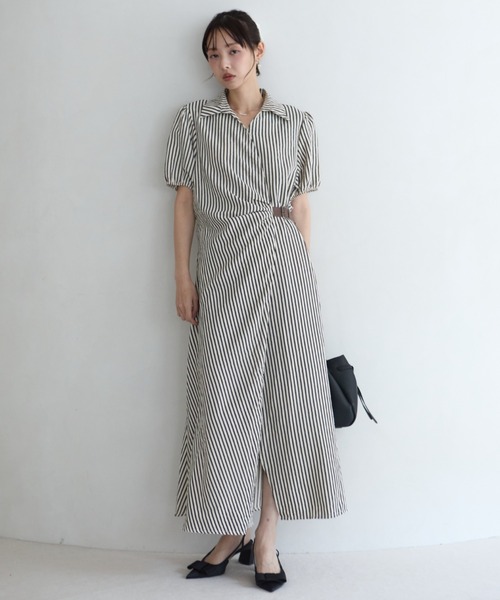 krahe(クレーエ)の「ストライプ柄カシュクールシャツワンピース(ワンピース・レディース・ブルー/ブラウン/ブラック・FREE)」の7枚目の写真