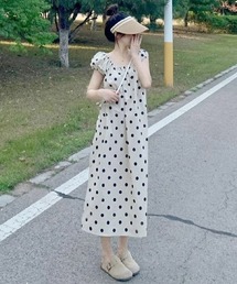 ドット柄フレンチスリーブロングワンピース