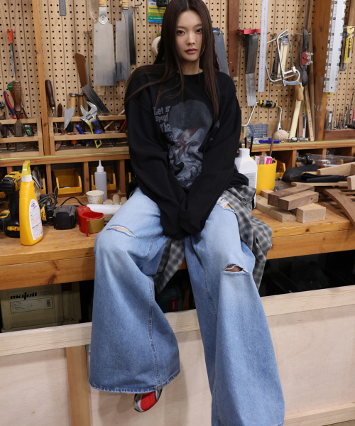 LANGER（ランガー）の「[PLC] CALIK sky wide distressed jeans_blue（デニムパンツ・レディース・ブルー・FREE）」の4枚目の写真