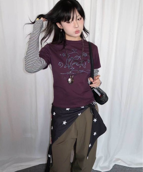 UP START(アップスタート)の「【LAMPOON】ラインストーンレイヤードT(Tシャツ/カットソー・レディース・パープル・SMALL/MEDIUM)」の4枚目の写真