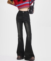 裾フリンジフレアデニムパンツ ローエッジ