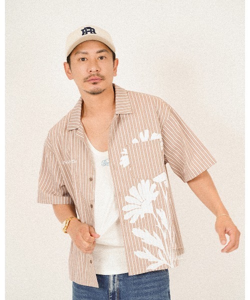#Re:room(リルーム)の「ビックフワラープリントストライプシャツ(シャツ/ブラウス・メンズ・ベージュ/ブルー・S-M/M-L)」の4枚目の写真