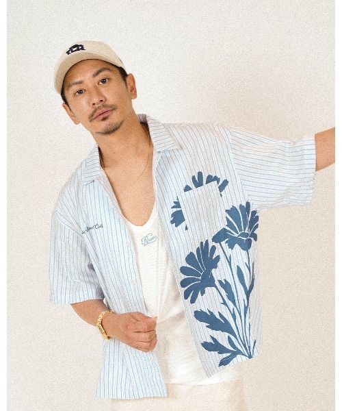 #Re:room(リルーム)の「ビックフワラープリントストライプシャツ(シャツ/ブラウス・メンズ・ベージュ/ブルー・S-M/M-L)」の18枚目の写真