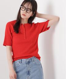 洗濯機洗い可ヘンリーネックミニケーブル半袖ニット