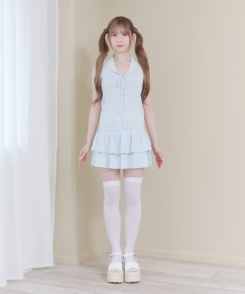 Rmine(アールマイン)の「襟付きリボン ニットトップス & ティアードミニスカート セットアップ(セットアップ・レディース・ブルー/ホワイト/グレー/ネイビー・FREE)」の9枚目の写真