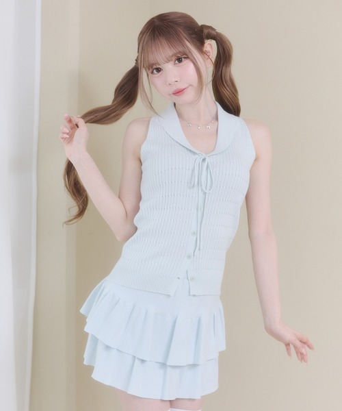 Rmine(アールマイン)の「襟付きリボン ニットトップス & ティアードミニスカート セットアップ(セットアップ・レディース・ブルー/ホワイト/グレー/ネイビー・FREE)」の15枚目の写真