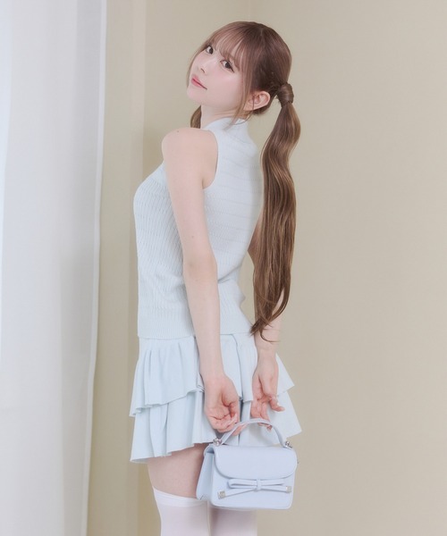 Rmine(アールマイン)の「襟付きリボン ニットトップス & ティアードミニスカート セットアップ(セットアップ・レディース・ブルー/ホワイト/グレー/ネイビー・FREE)」の14枚目の写真