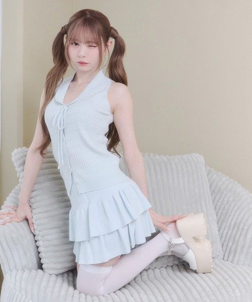 Rmine(アールマイン)の「襟付きリボン ニットトップス & ティアードミニスカート セットアップ(セットアップ・レディース・ブルー/ホワイト/グレー/ネイビー・FREE)」の17枚目の写真