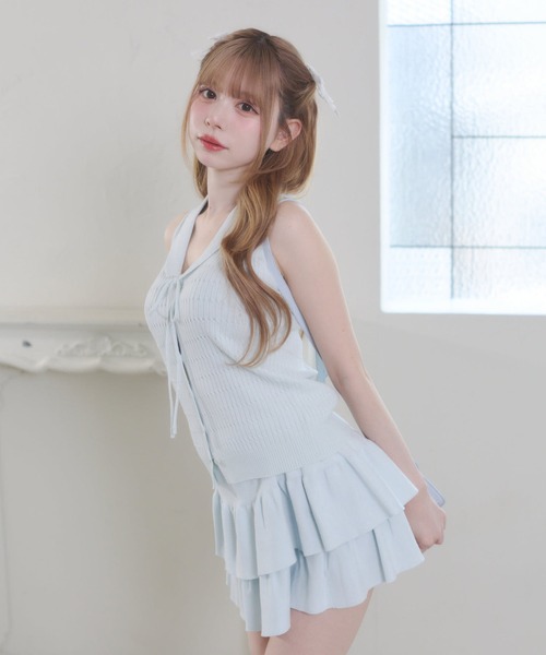 Rmine(アールマイン)の「襟付きリボン ニットトップス & ティアードミニスカート セットアップ(セットアップ・レディース・ブルー/ホワイト/グレー/ネイビー・FREE)」の11枚目の写真