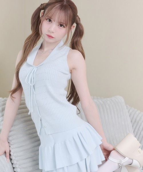 Rmine(アールマイン)の「襟付きリボン ニットトップス & ティアードミニスカート セットアップ(セットアップ・レディース・ブルー/ホワイト/グレー/ネイビー・FREE)」の16枚目の写真