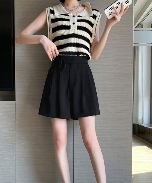 2ly2(トゥーリートゥー)の「タックショートパンツ フレア ハイウエスト ウエストリボン キュロットパンツ 美脚(その他パンツ・レディース・モカ/ブラック・FREE)」の8枚目の写真