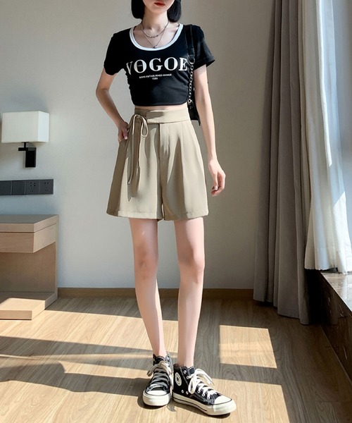 2ly2(トゥーリートゥー)の「タックショートパンツ フレア ハイウエスト ウエストリボン キュロットパンツ 美脚(その他パンツ・レディース・モカ/ブラック・FREE)」の11枚目の写真