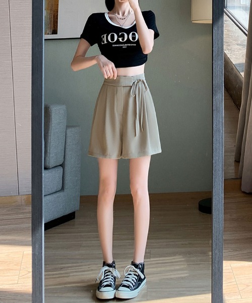 2ly2(トゥーリートゥー)の「タックショートパンツ フレア ハイウエスト ウエストリボン キュロットパンツ 美脚(その他パンツ・レディース・モカ/ブラック・FREE)」の14枚目の写真
