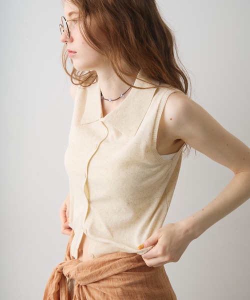 Crisp(クリスプ)の「sleeve less knit polo tops / スリーブレスニットポロトップス(ポロシャツ・レディース・ナチュラル/ネイビー・FREE)」の9枚目の写真