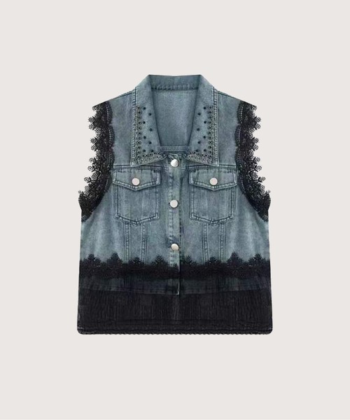 LA POMME petit(ラポミ・プチ)の「Lace Motif Denim Vest(ベスト・レディース・ブルー・FREE)」の1枚目の写真