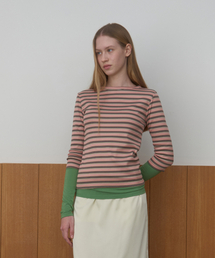 STRIPE 3/4 SLEEVE T-SHIRT_PINK/BROWN