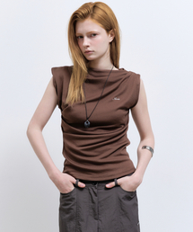DRAPED SHIRRING SLEEVELESS TOP_BROWN