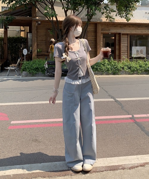 Girly Doll（ガーリードール）の「フェイクレイヤードフロントリボンカットソー（Tシャツ/カットソー・レディース・ブルー/グレー・FREE）」の3枚目の写真