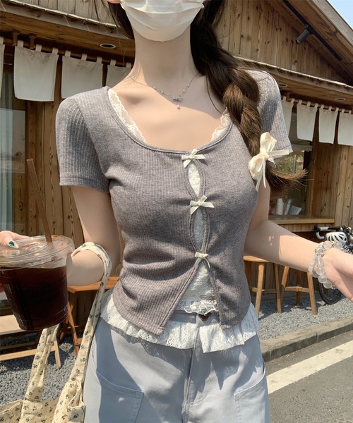Girly Doll（ガーリードール）の「フェイクレイヤードフロントリボンカットソー（Tシャツ/カットソー・レディース・ブルー/グレー・FREE）」の5枚目の写真