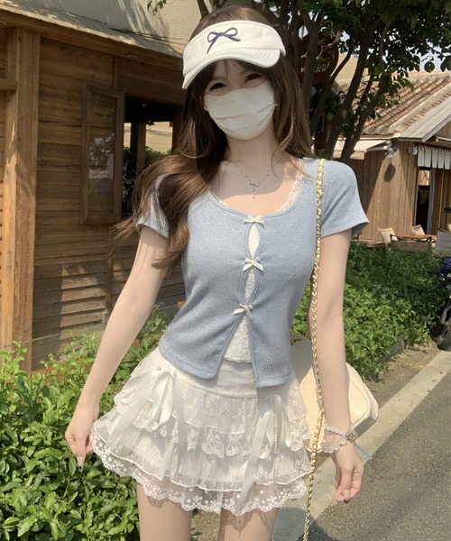 Girly Doll（ガーリードール）の「フェイクレイヤードフロントリボンカットソー（Tシャツ/カットソー・レディース・ブルー/グレー・FREE）」の16枚目の写真