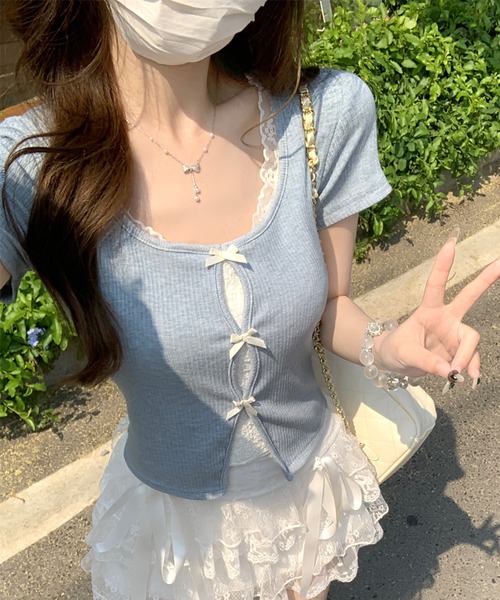 Girly Doll（ガーリードール）の「フェイクレイヤードフロントリボンカットソー（Tシャツ/カットソー・レディース・ブルー/グレー・FREE）」の17枚目の写真
