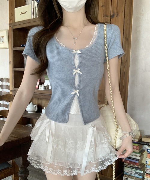 Girly Doll（ガーリードール）の「フェイクレイヤードフロントリボンカットソー（Tシャツ/カットソー・レディース・ブルー/グレー・FREE）」の22枚目の写真