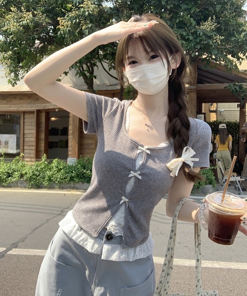 Girly Doll（ガーリードール）の「フェイクレイヤードフロントリボンカットソー（Tシャツ/カットソー・レディース・ブルー/グレー・FREE）」の11枚目の写真