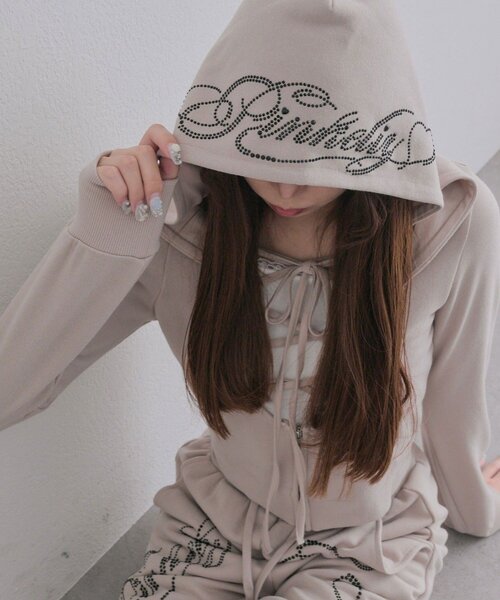 OLIVE des OLIVE(オリーブデオリーブ)の「レースアップレイヤード風パーカー(Tシャツ/カットソー・レディース・ベージュ/トップグレー/ピンク/ブラック・FREE)」の7枚目の写真