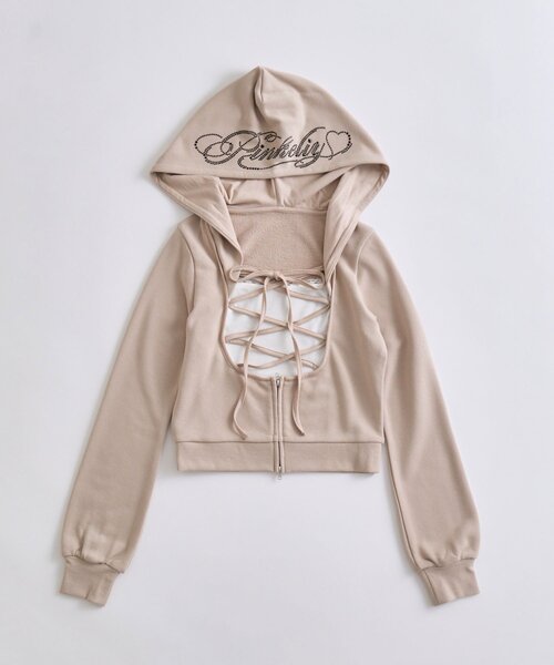 OLIVE des OLIVE(オリーブデオリーブ)の「レースアップレイヤード風パーカー(Tシャツ/カットソー・レディース・ベージュ/トップグレー/ピンク/ブラック・FREE)」の14枚目の写真