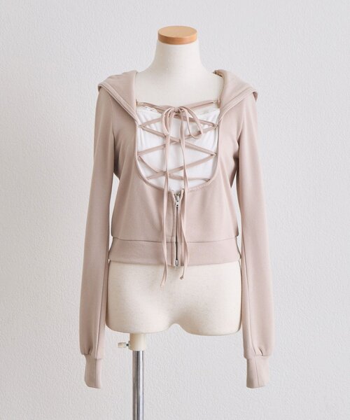 OLIVE des OLIVE(オリーブデオリーブ)の「レースアップレイヤード風パーカー(Tシャツ/カットソー・レディース・ベージュ/トップグレー/ピンク/ブラック・FREE)」の15枚目の写真