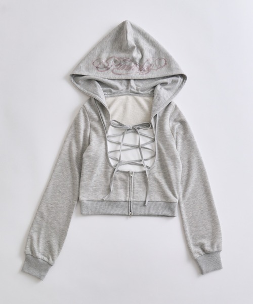 OLIVE des OLIVE(オリーブデオリーブ)の「レースアップレイヤード風パーカー(Tシャツ/カットソー・レディース・ベージュ/トップグレー/ピンク/ブラック・FREE)」の6枚目の写真