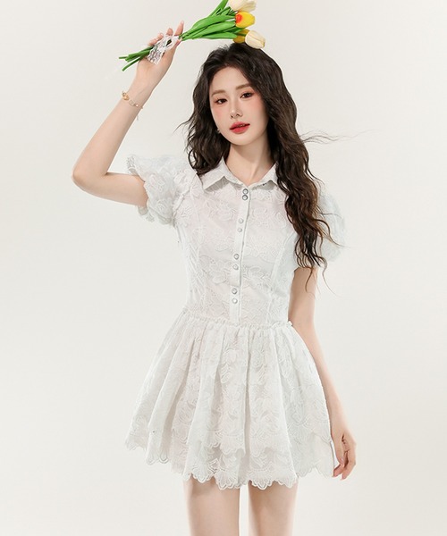 Girly Doll(ガーリードール)の「パフスリーブレースミニワンピース(ワンピース・レディース・ホワイト・M/L)」の2枚目の写真