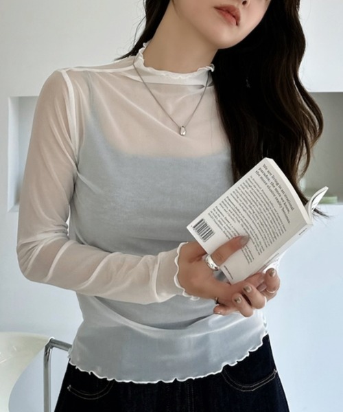 TREOVER(トレオーバー)の「レイヤードを楽しむプチハイネックシアートップス(Tシャツ/カットソー・レディース・ブラウン/イエロー/ブラック/チャコールグレー/ピンク/オフホワイト・MEDIUM/LARGE)」の1枚目の写真