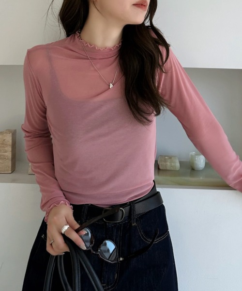 TREOVER(トレオーバー)の「レイヤードを楽しむプチハイネックシアートップス(Tシャツ/カットソー・レディース・ブラウン/イエロー/ブラック/チャコールグレー/ピンク/オフホワイト・MEDIUM/LARGE)」の13枚目の写真