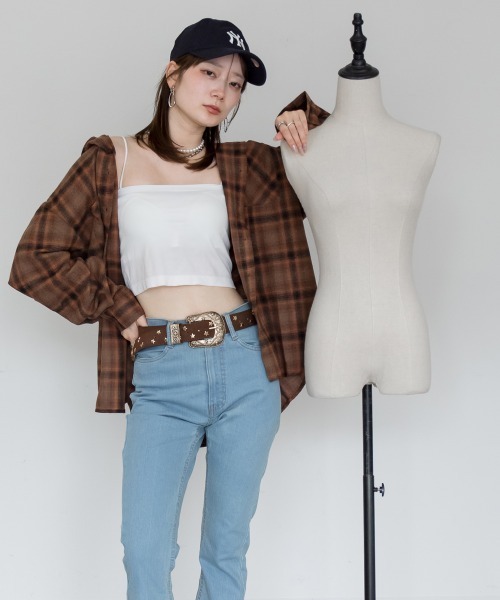 mellomela.(メロメラ)の「オーバーサイズ微起毛フードチェックシャツ(シャツ/ブラウス・レディース・ブルー系その他/ブラック/ライトブラウン/オフホワイト・FREE)」の10枚目の写真