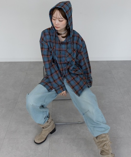 mellomela.(メロメラ)の「オーバーサイズ微起毛フードチェックシャツ(シャツ/ブラウス・レディース・ブルー系その他/ブラック/ライトブラウン/オフホワイト・FREE)」の12枚目の写真